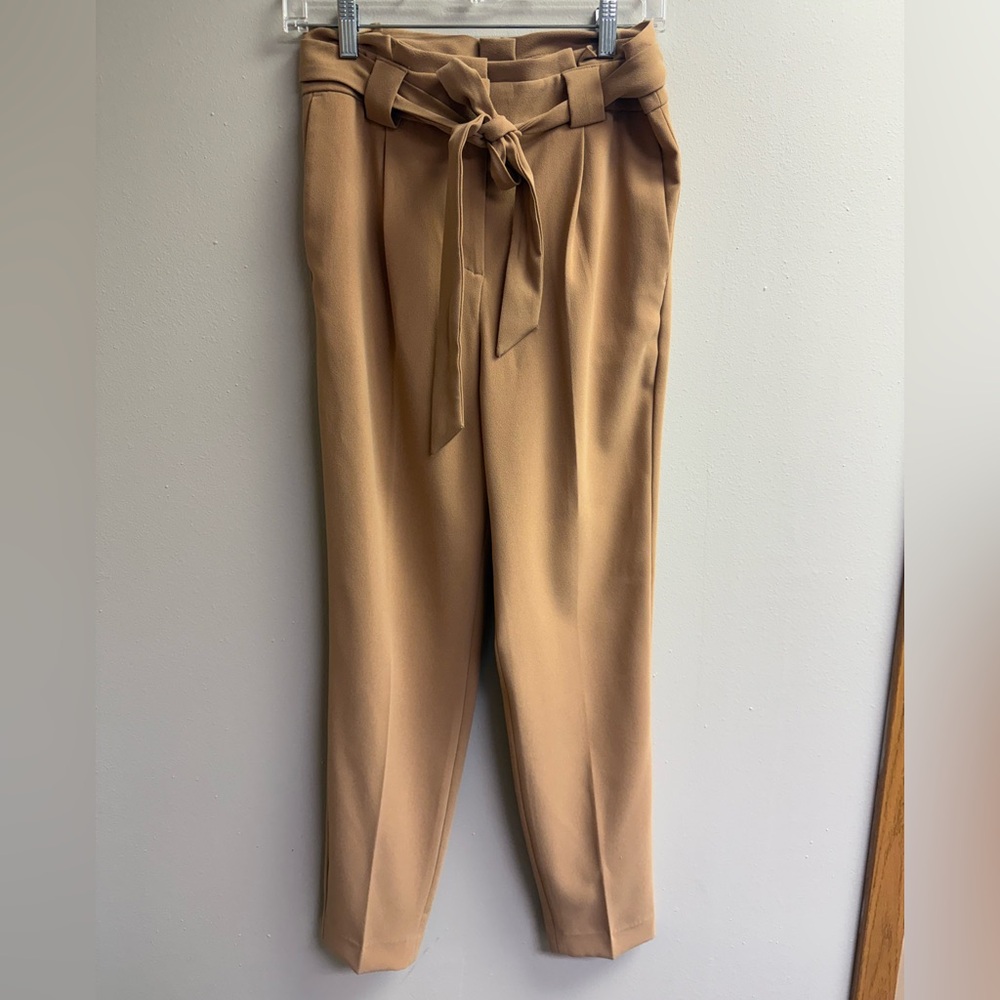 Express Ankle High Rise Tie Belt Tapered Pants - Camel